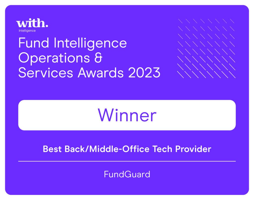 Purple banner with white text that reads Fund Intelligence Operations & Services Awards 2023 Winner. Best Back/Middle Office Tech Provider