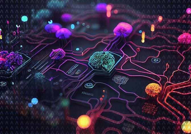 Abstract image of brains and digital circuitry implying AI and data flow.