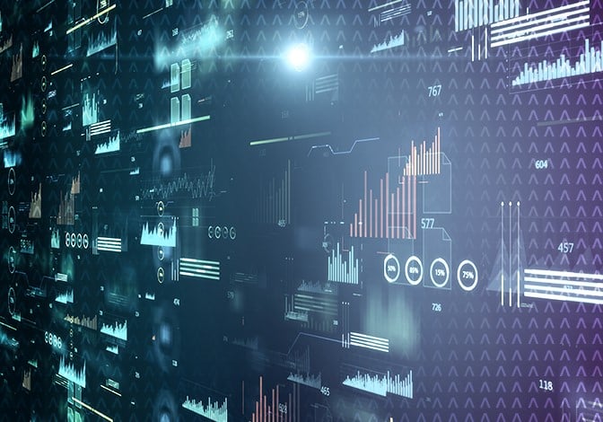 Abstract image of various digital data types. Dark bacground with neon colors.