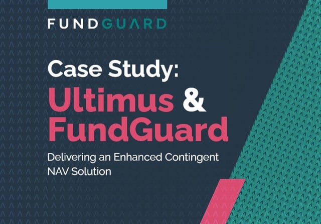 Abstract navy, teal and hot pink banner that reads: Case Study, Ultimus and FundGuard