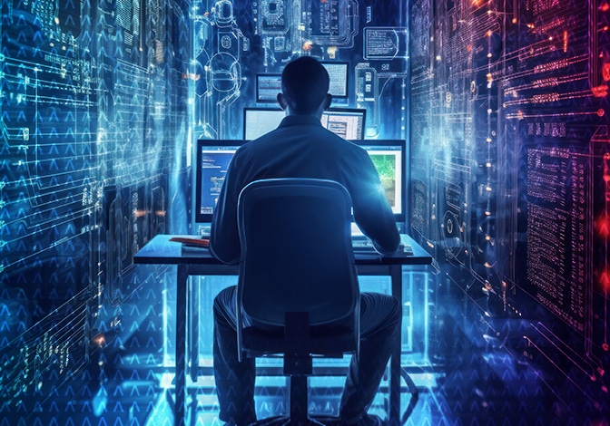Futuristic image of a person sitting at a desk with a large monitor, surrounded by abstract data imagery.