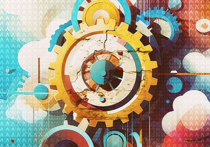 Abstract imagery of cog and wheel technology in a bold array of colors