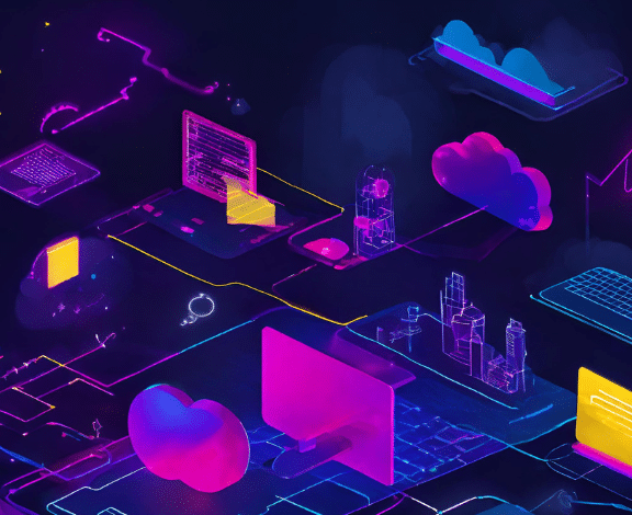 abstract image of cloud technology and software in hot pink, dark blue, yellow, purple and teal.