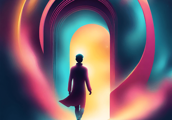 Abstract image of a person walking toward the future using colors that include pink, teal, yellow, purple, dark blue