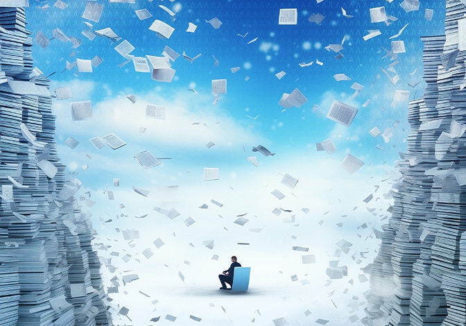 Abstract image of a person sitting in snow with books and papers falling around them.