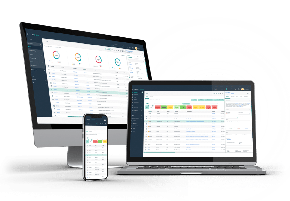 Image of a desktop monitor, laptop and mobile device featuring the FundGuard user interface