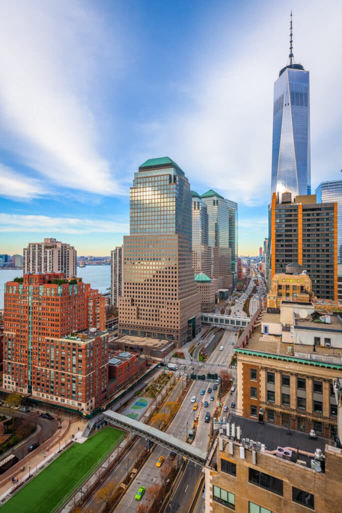 New York, New York, USA financial district cityscape over the We