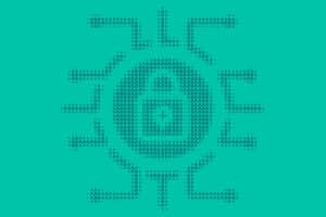 Abstract iconography for "cybersecurity" shows a dark teal padlock at the center with data points surrounding it - all on a light teal background.
