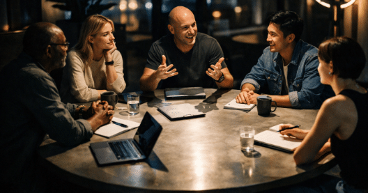group of people sitting around a table talking and working