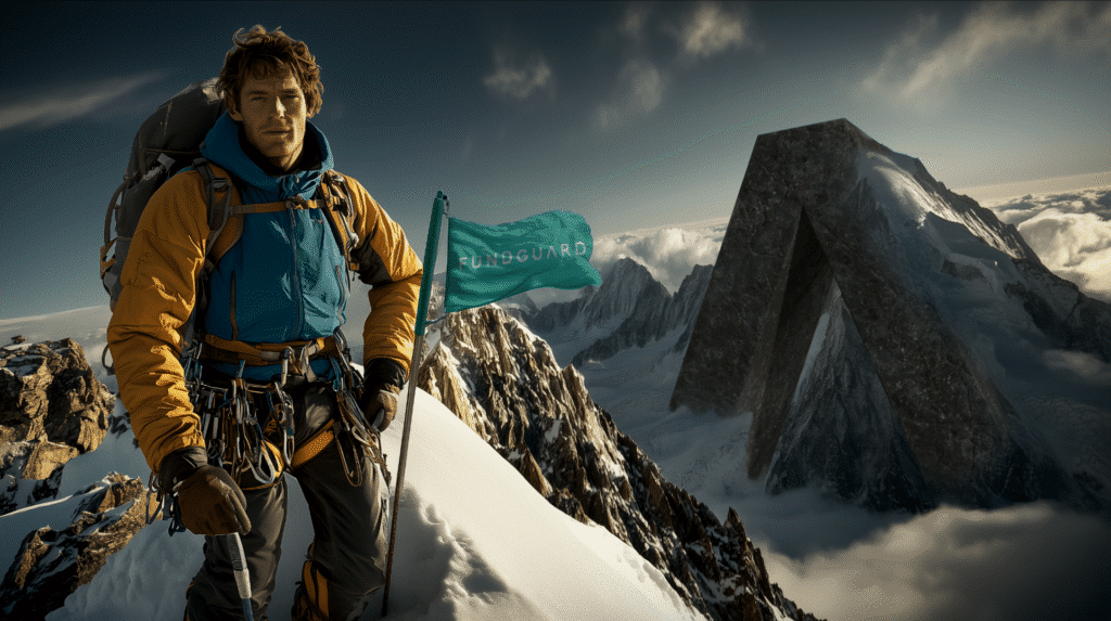 man hiking on a mountain top holding a fundguard flag